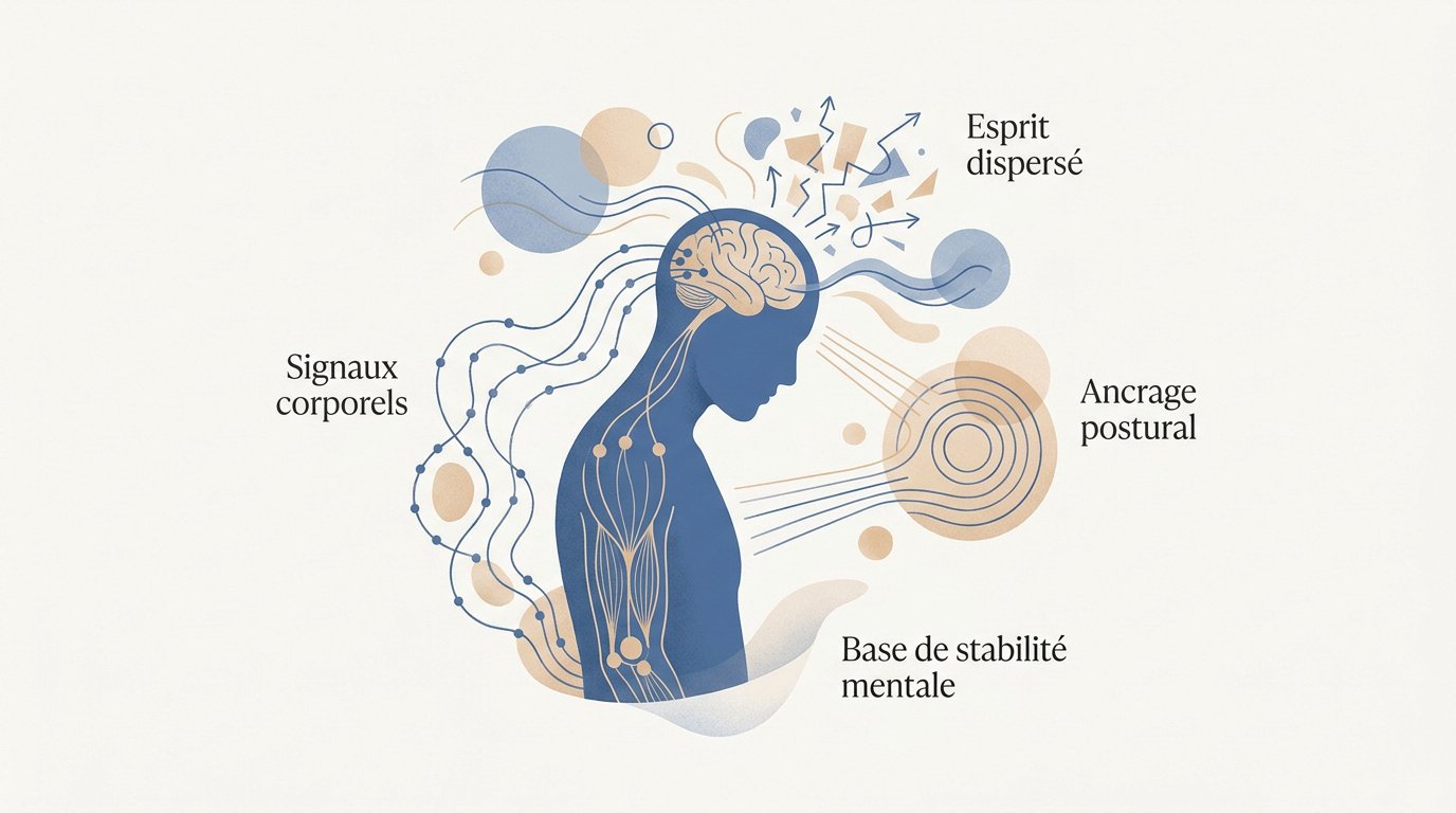 Schéma illustrant les flux sensoriels et l'ancrage proprioceptif pour le focus mental