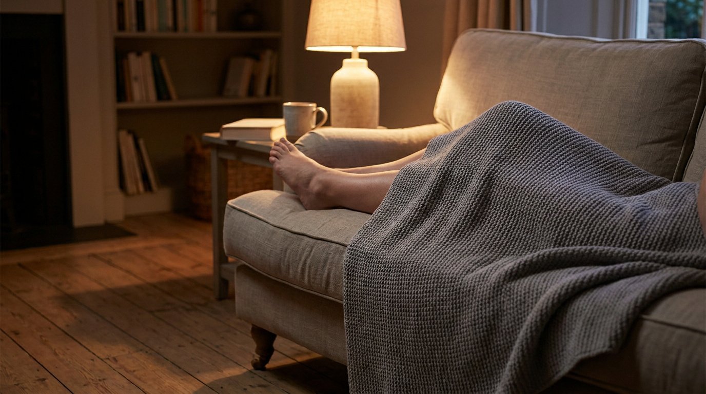 Une personne se repose sur un canapé avec une couverture lestée grise, favorisant la détente des jambes.
