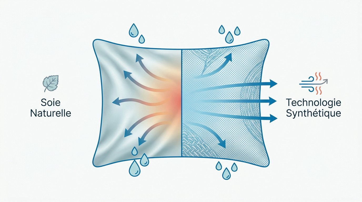 Comparaison visuelle entre la texture d'une taie en soie naturelle et une taie rafraîchissante synthétique