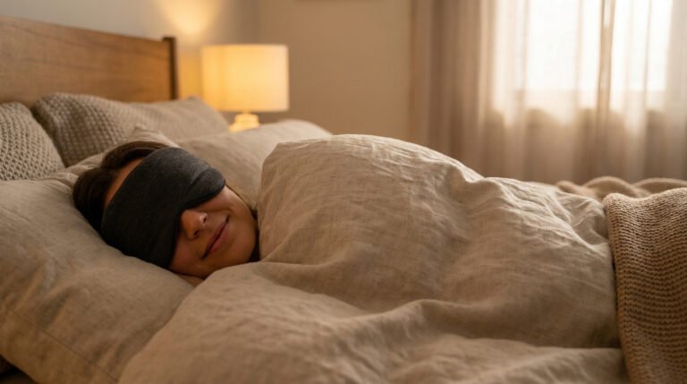 Une femme souriante porte un masque de sommeil lesté gris dans un lit douillet avec une literie en lin beige.
