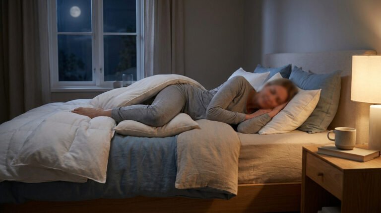 Femme dormant sur le côté avec un oreiller entre les jambes pour soulager une douleur musculaire la nuit.