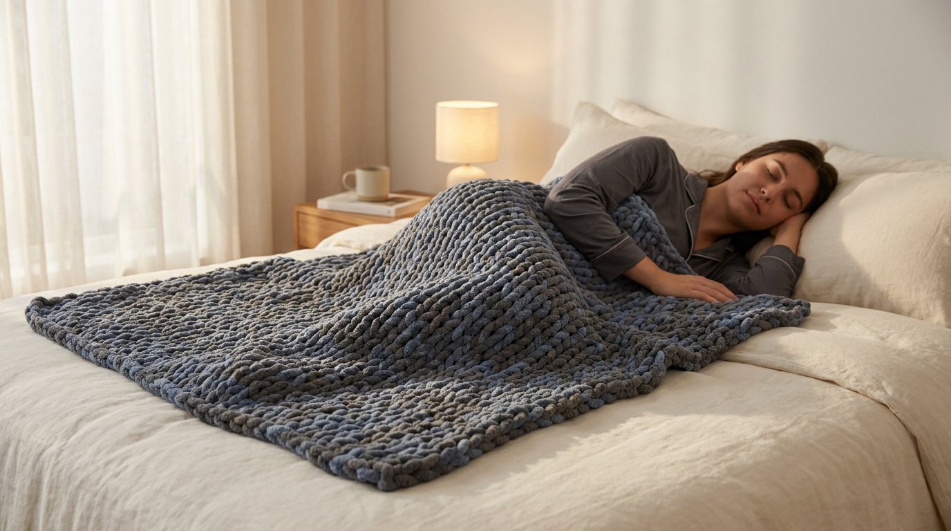 Femme dormant paisiblement dans son lit sous une couverture lestée en grosse maille de couleur bleu gris.