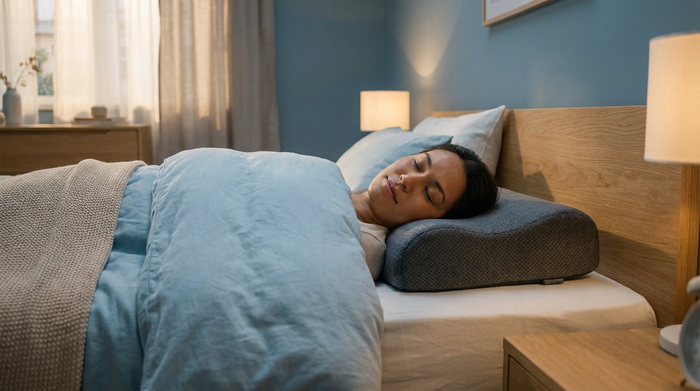 Une femme dort paisiblement sur un oreiller ergonomique gris dans une chambre lumineuse.