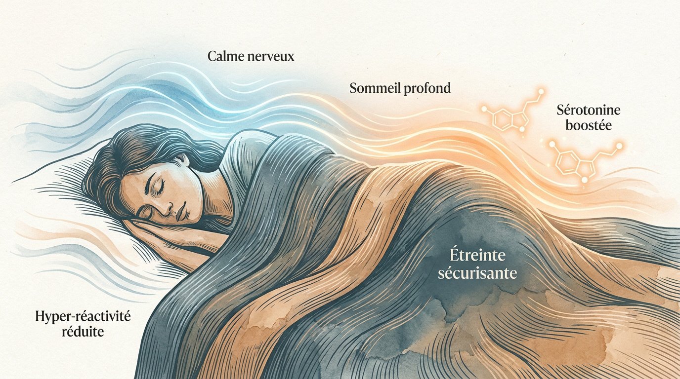 Personne apaisée dormant profondément sous une couverture lestée pour soulager les symptômes de Lyme