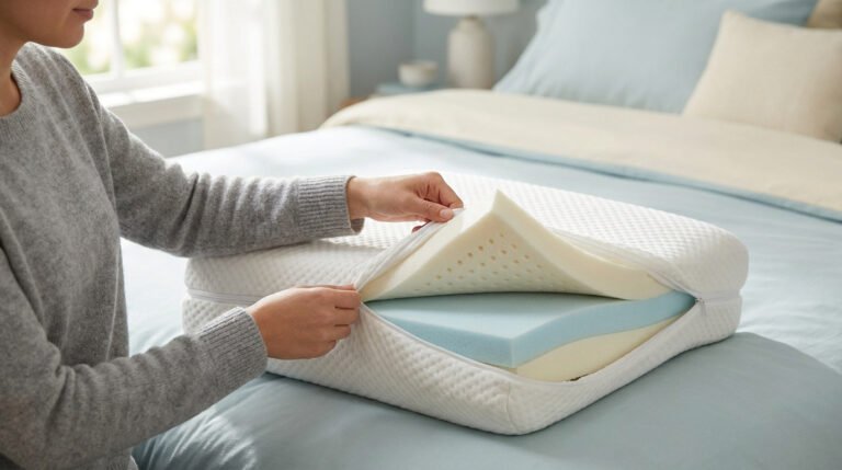 Une personne ajuste les couches de mousse à mémoire de forme à l'intérieur d'un oreiller ergonomique sur un lit.