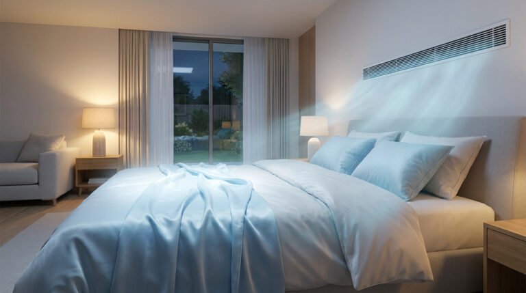 Chambre à coucher moderne avec un climatiseur mural diffusant de l'air frais sur le lit durant la nuit.