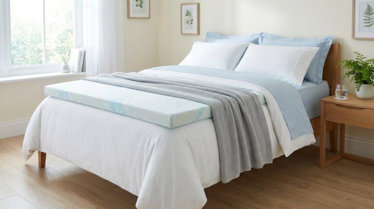 Surmatelas rafraîchissant en mousse posé sur un lit confortable dans une chambre lumineuse et moderne.
