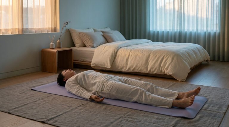 Femme allongée sur un tapis de yoga dans une chambre lumineuse pour une séance de relaxation Yoga Nidra.