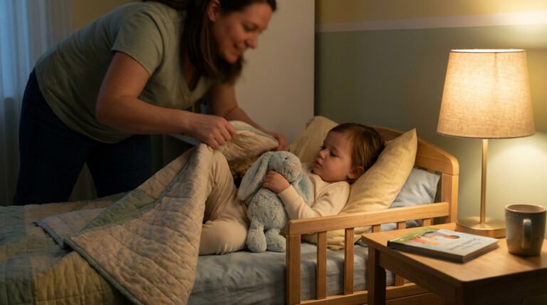 Une maman sourit en bordant son enfant de 2 ans dans son lit avec son doudou lapin bleu dans une chambre chaleureuse.