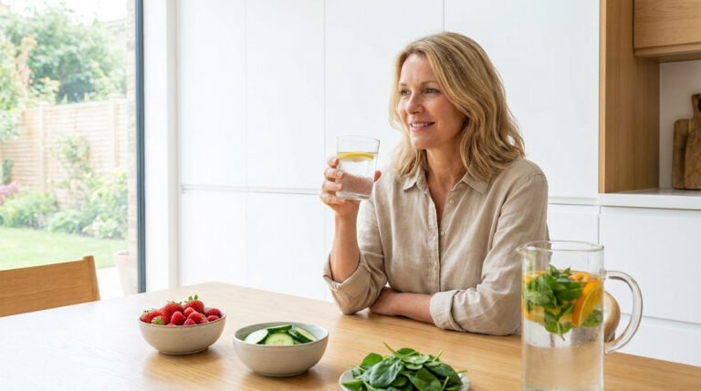 Une femme souriante boit un verre d'eau citronnée dans une cuisine lumineuse avec des fruits et légumes frais sur la table.