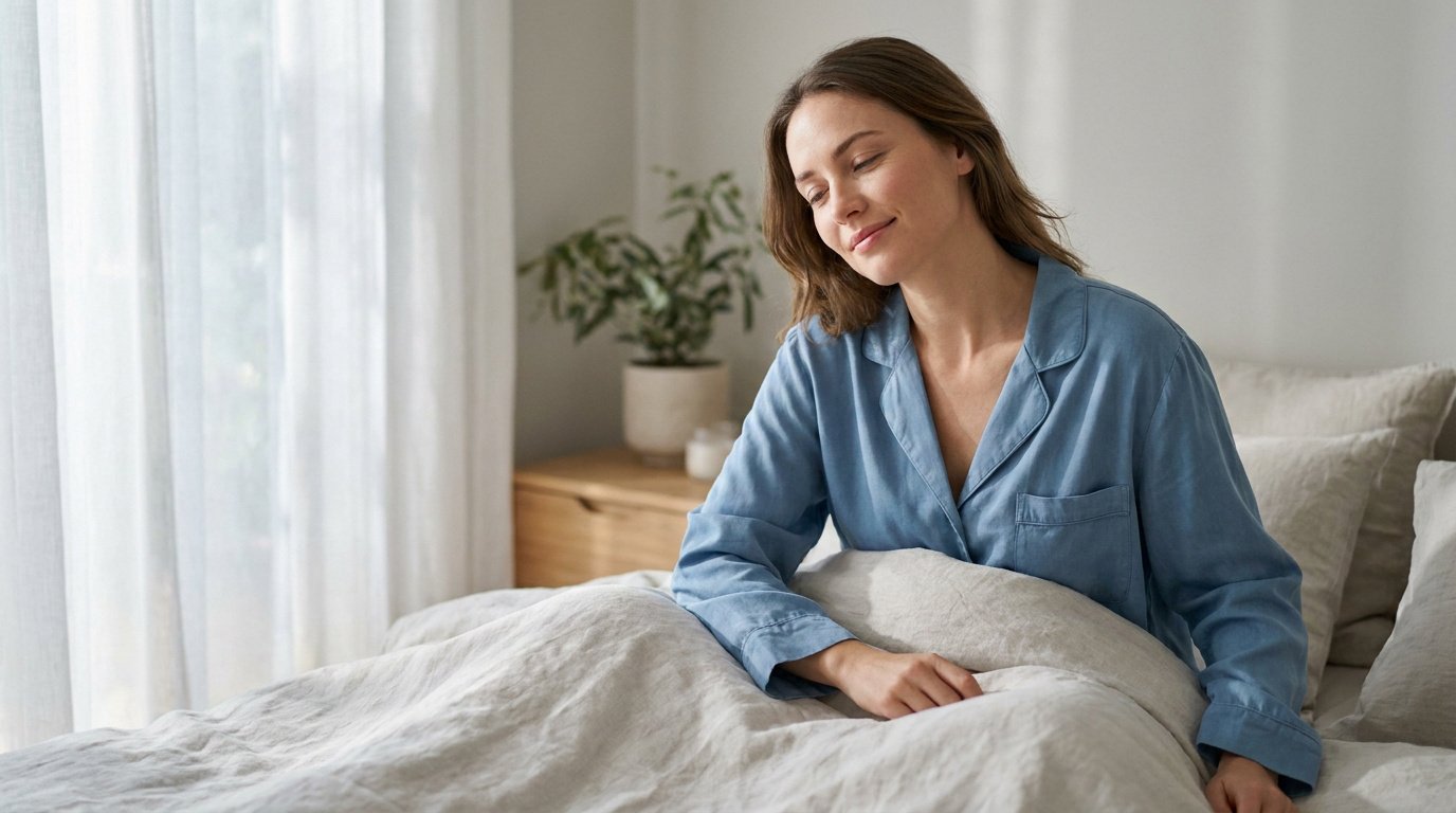 Une femme souriante en pyjama bleu s'éveillant confortablement dans son lit en lin.