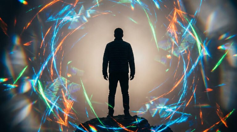 Silhouette d'homme debout face à un tourbillon de lumières vives et colorées, évoquant une surcharge sensorielle.
