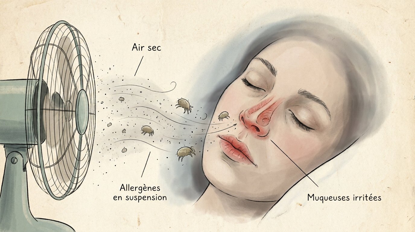 Ventilateur soufflant sur une personne endormie provoquant une irritation des voies respiratoires