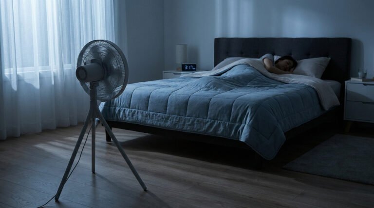 Une personne dort paisiblement dans son lit avec un ventilateur sur pied dirigé vers elle durant la nuit.