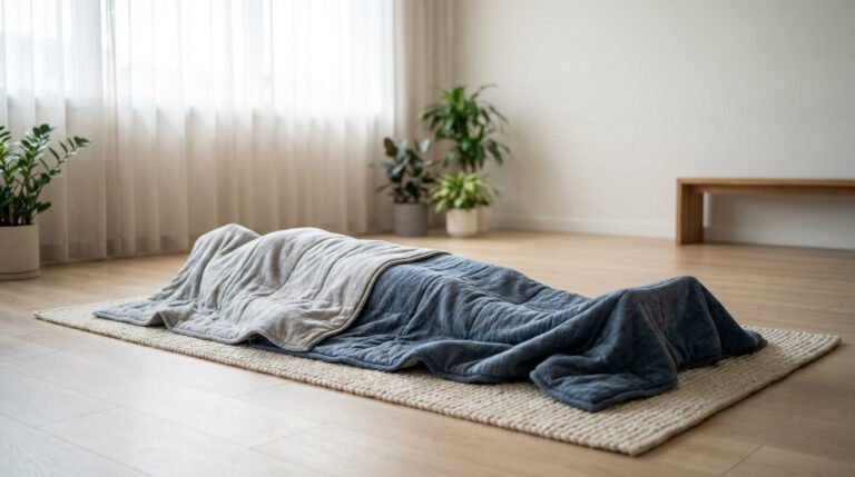 Une personne allongée sur un tapis, entièrement recouverte d'une couverture lestée bicolore dans une pièce lumineuse.
