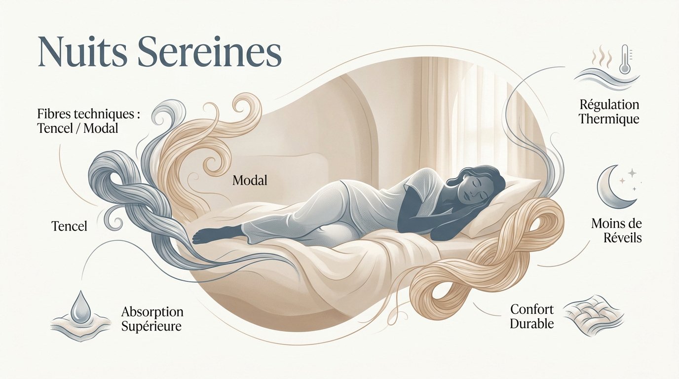 Femme sereine portant un pyjama respirant pour mieux dormir malgré la ménopause