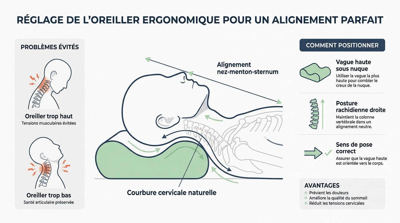 Schéma expliquant comment régler la hauteur d'un oreiller ergonomique à mémoire de forme pour l'alignement des cervicales