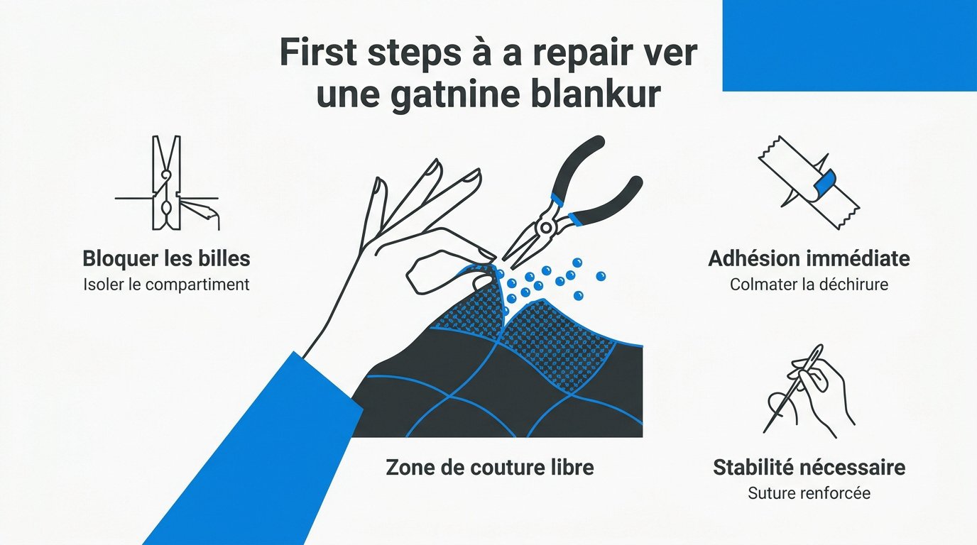 Réparation d'urgence d'une couverture lestée avec des pinces pour bloquer les billes
