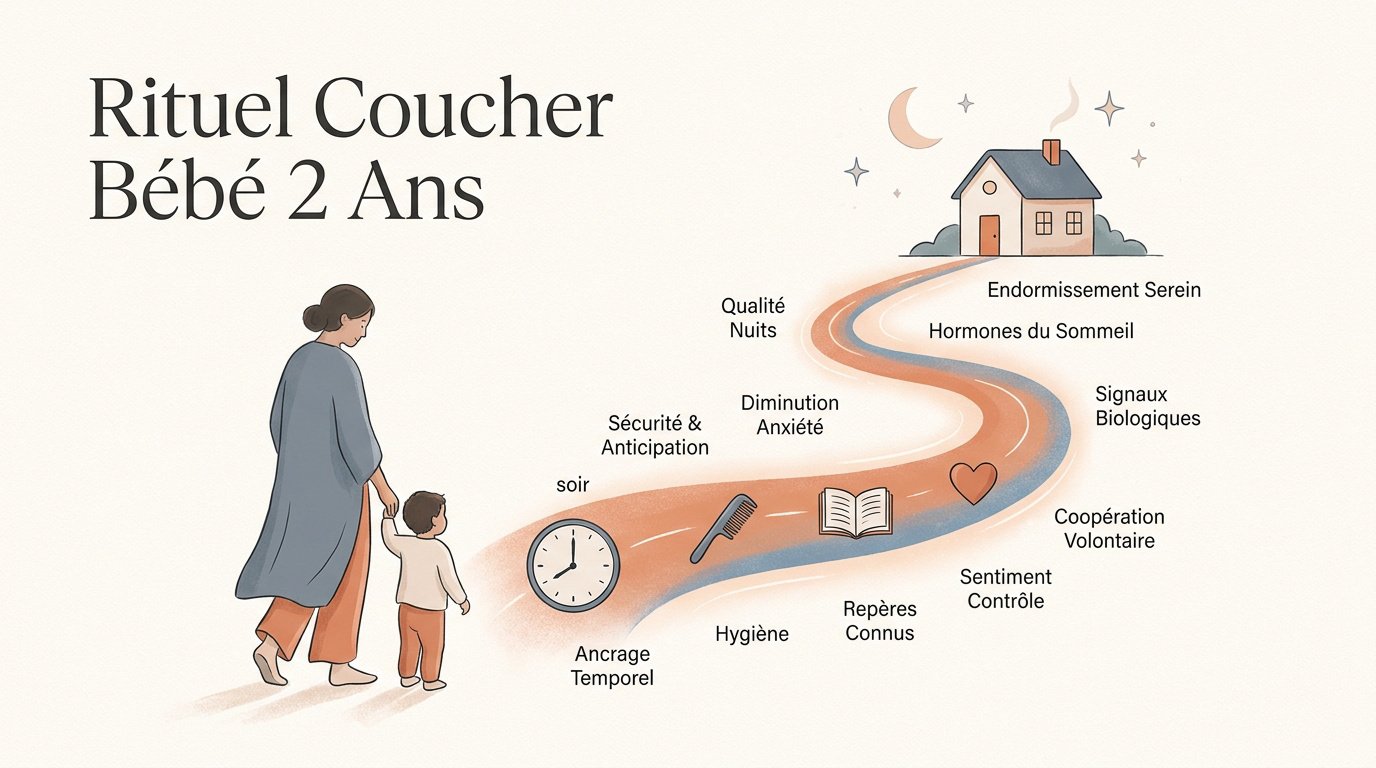 Illustration d'un rituel de coucher apaisant pour un enfant de deux ans