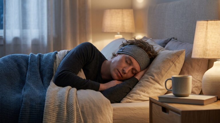 Un homme dort paisiblement dans un lit en portant un bandeau de sommeil gris avec écouteurs Bluetooth intégrés.