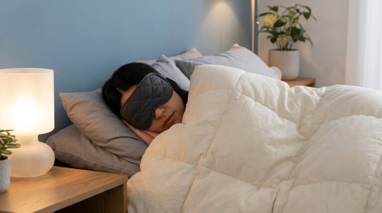 Une personne dort paisiblement dans un lit douillet avec un masque de sommeil lesté gris sur les yeux.