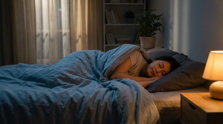 Une jeune femme dort paisiblement dans son lit, éclairée par la lumière douce d'une lampe de chevet.