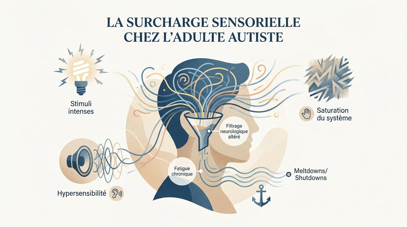 Représentation visuelle de la surcharge sensorielle chez l'adulte autiste avec des stimuli envahissants