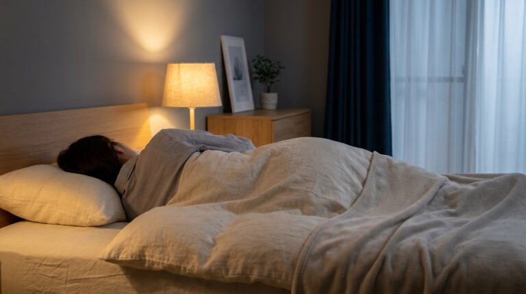 Une personne dort sur le côté dans un lit douillet, sous une couette, dans une chambre à coucher à l'ambiance apaisante.